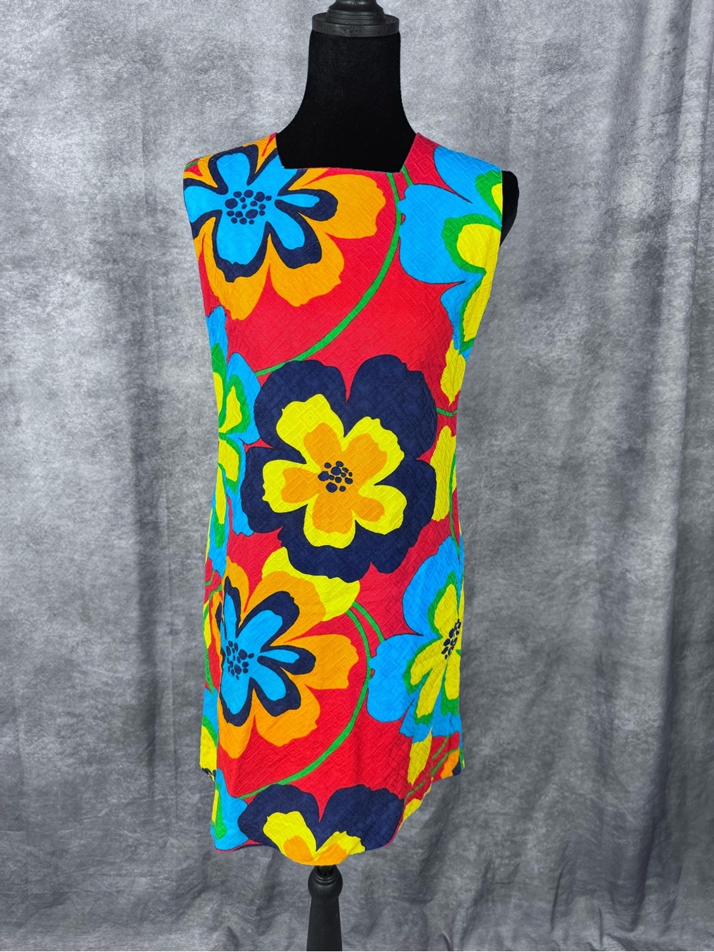 Vintage Japanese Dress with Vibrant Floral Shift Dress in Red, Blue, Yellow